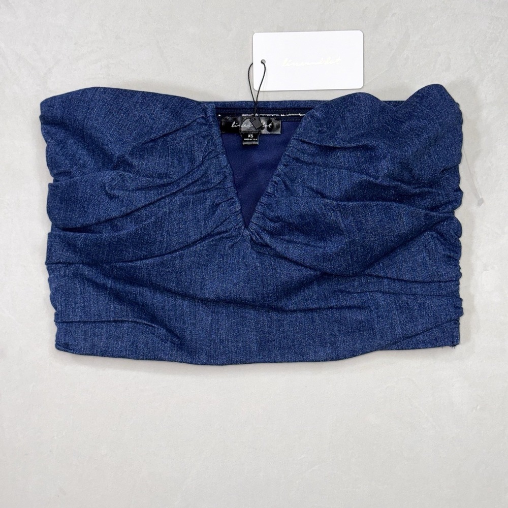 Line & Dot Denim Bustier Strapless Ruched Stretch Corset Crop Top XS NWT Y2K